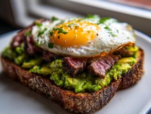 Close-up of prime rib and eggs avocado toast on dark, crusty bread, topped with a sunny-side-up egg.