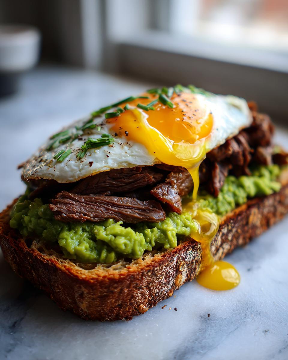 Close-up of prime rib and eggs avocado toast on sourdough, featuring a sunny-side-up egg with a runny yolk.