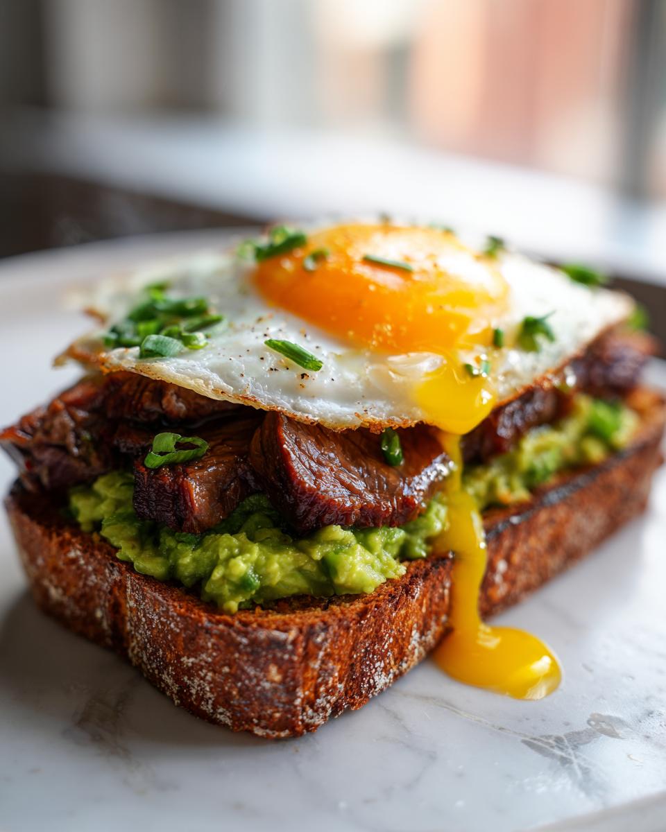 Close-up of prime rib and eggs avocado toast, featuring thick-cut prime rib, mashed avocado, and a sunny-side-up egg with a runny yolk.