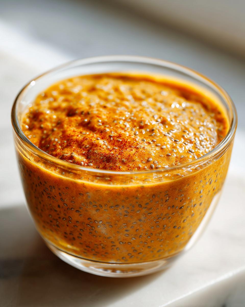 Close-up of creamy, orange pumpkin spice chia seed pudding topped with cinnamon in a clear glass.