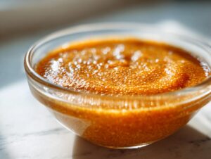 Close-up, bright photo of thick pumpkin spice chia seed pudding texture in a clear glass bowl.