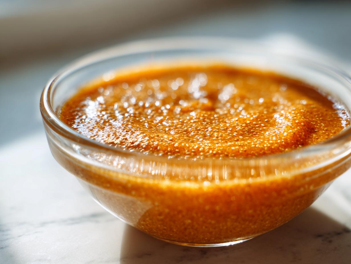 Close-up, bright photo of thick pumpkin spice chia seed pudding texture in a clear glass bowl.