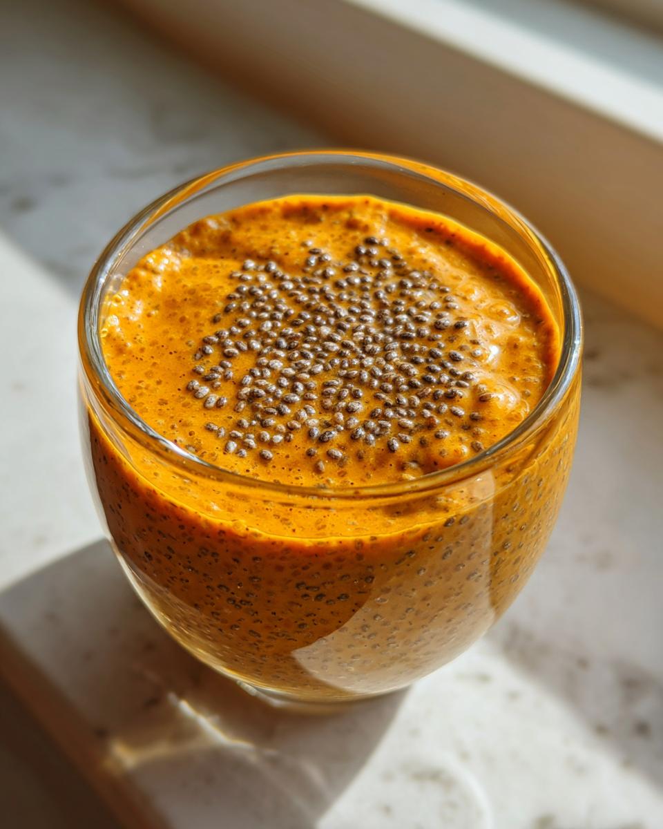 A glass filled with creamy, orange pumpkin spice chia seed pudding topped with whole chia seeds.