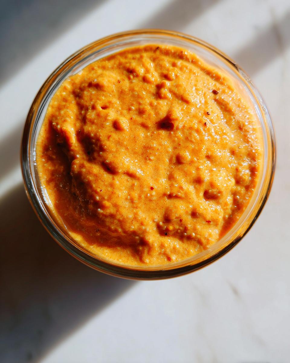 Overhead view of thick, orange pumpkin spice chia seed pudding in a clear glass jar.