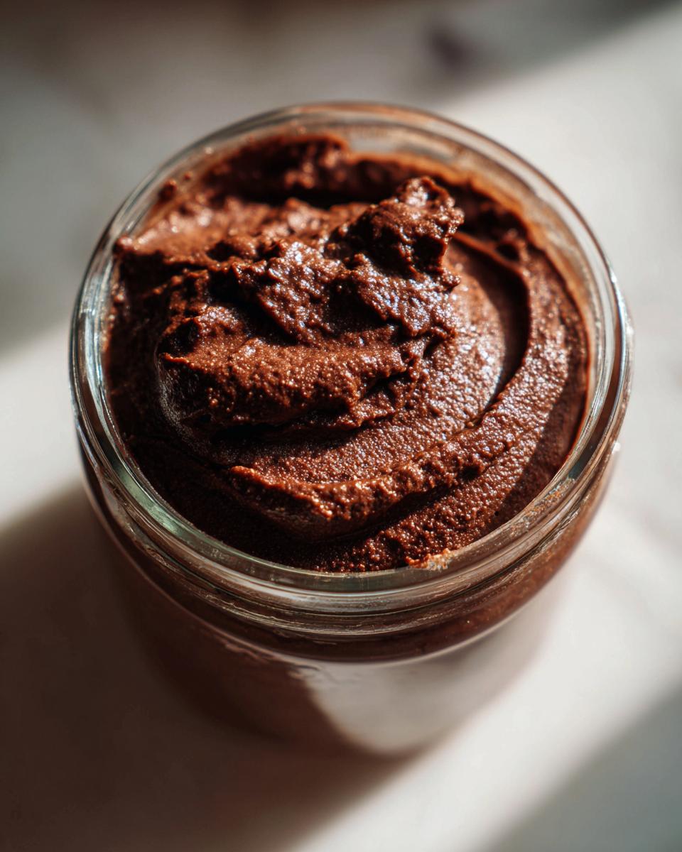Close-up overhead shot of thick, rich chocolate overnight oats mixture swirled inside a glass jar.