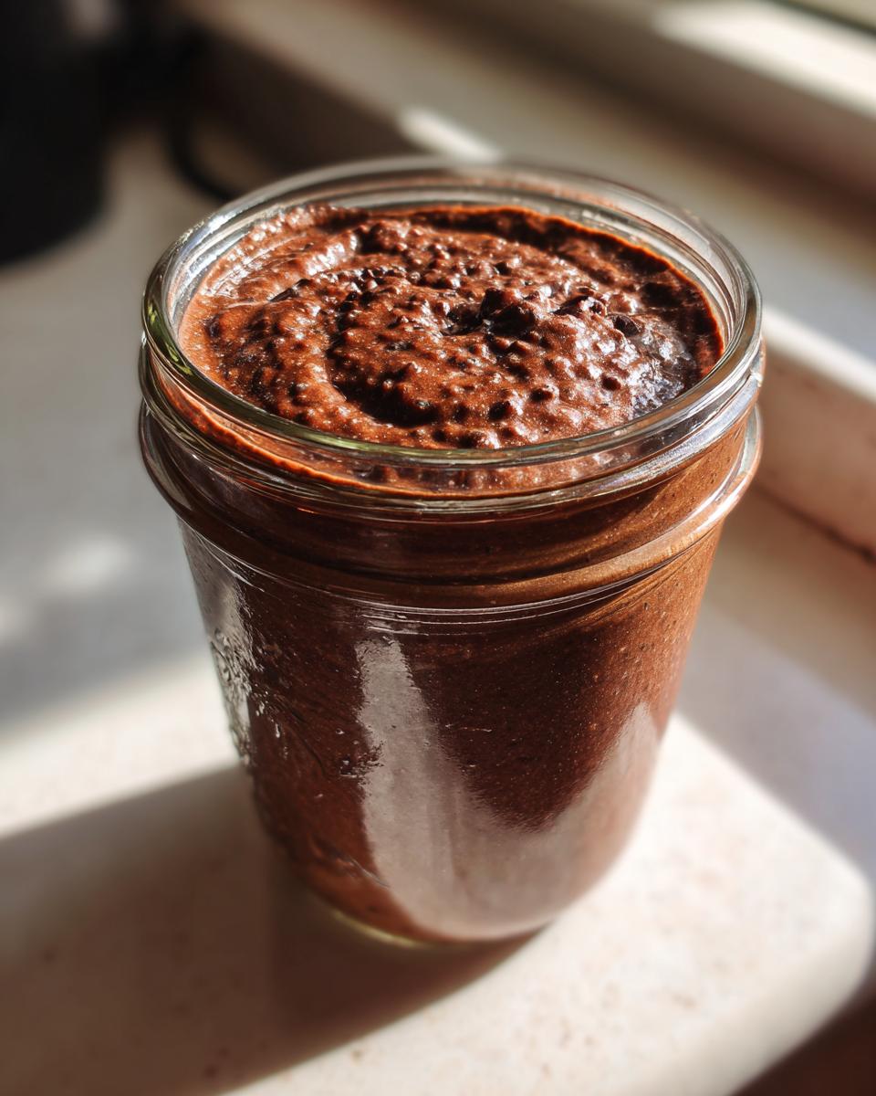 Close-up of thick, rich chocolate overnight oats texture in a glass jar, ready to eat.
