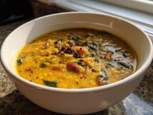A close-up view of a hearty, yellow dhal dish served in a white bowl, topped with spices and greens.
