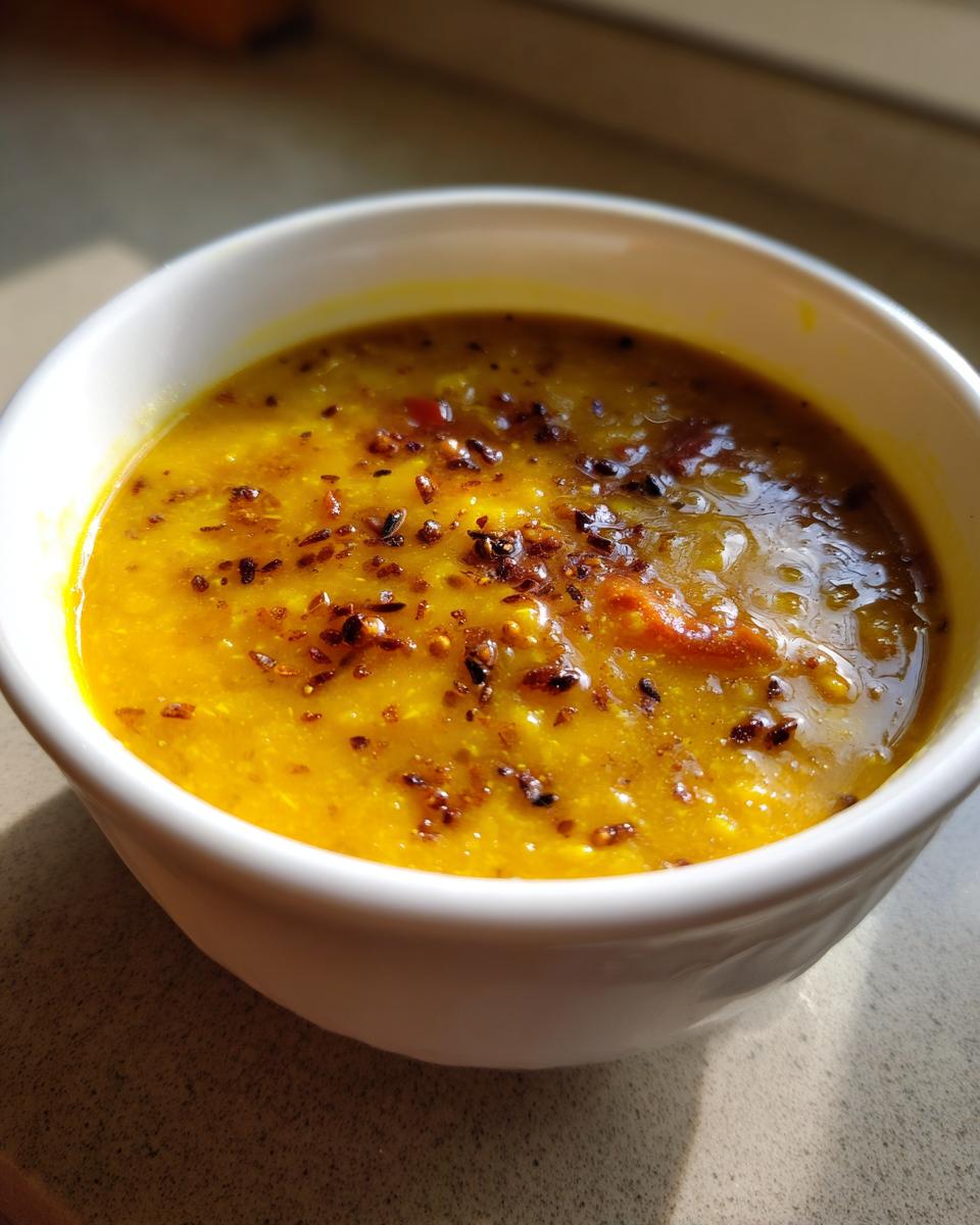 A close-up view of a bowl of bright yellow dhal, garnished with dark, crispy tempering spices.