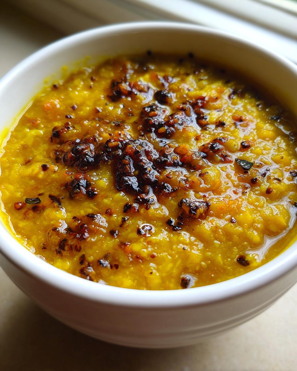 Close-up of a white bowl filled with vibrant yellow dhal, topped with a dark, sizzling tempering (tadka).
