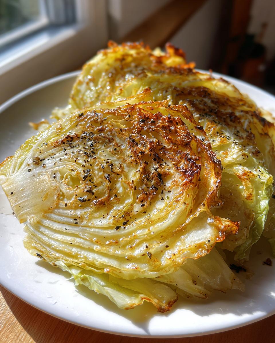 Close-up of two golden-brown roasted cabbage steaks seasoned with black pepper on a white plate.