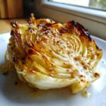 Close-up of a single, thick roasted cabbage steak showing caramelized edges and a glistening glaze.