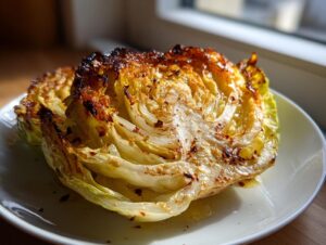 A close-up of a thick, caramelized roasted cabbage steak served on a white plate.
