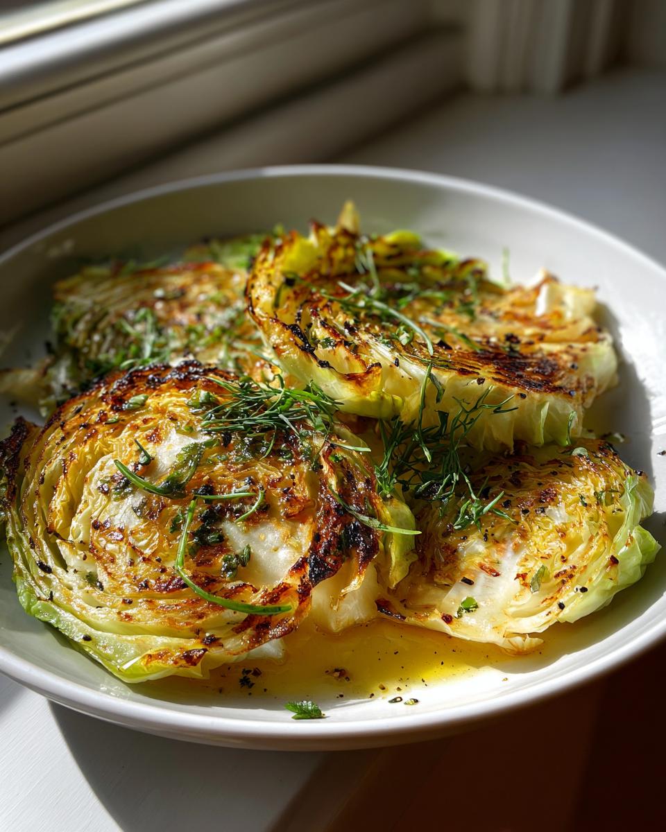 Four golden-brown roasted cabbage steaks drizzled with oil and topped with fresh herbs.