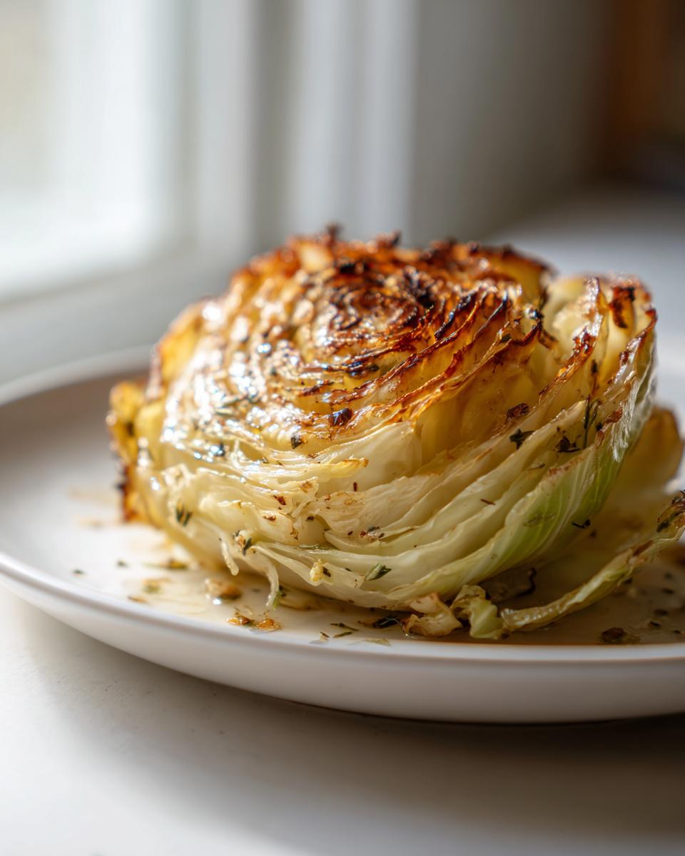 A single, thick slice of roasted cabbage steaks, caramelized and seasoned, sitting on a white plate.
