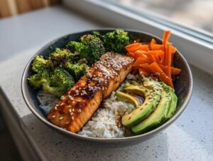 A vibrant salmon rice bowl featuring a piece of glazed salmon, white rice, roasted broccoli, sliced avocado, and julienned carrots.