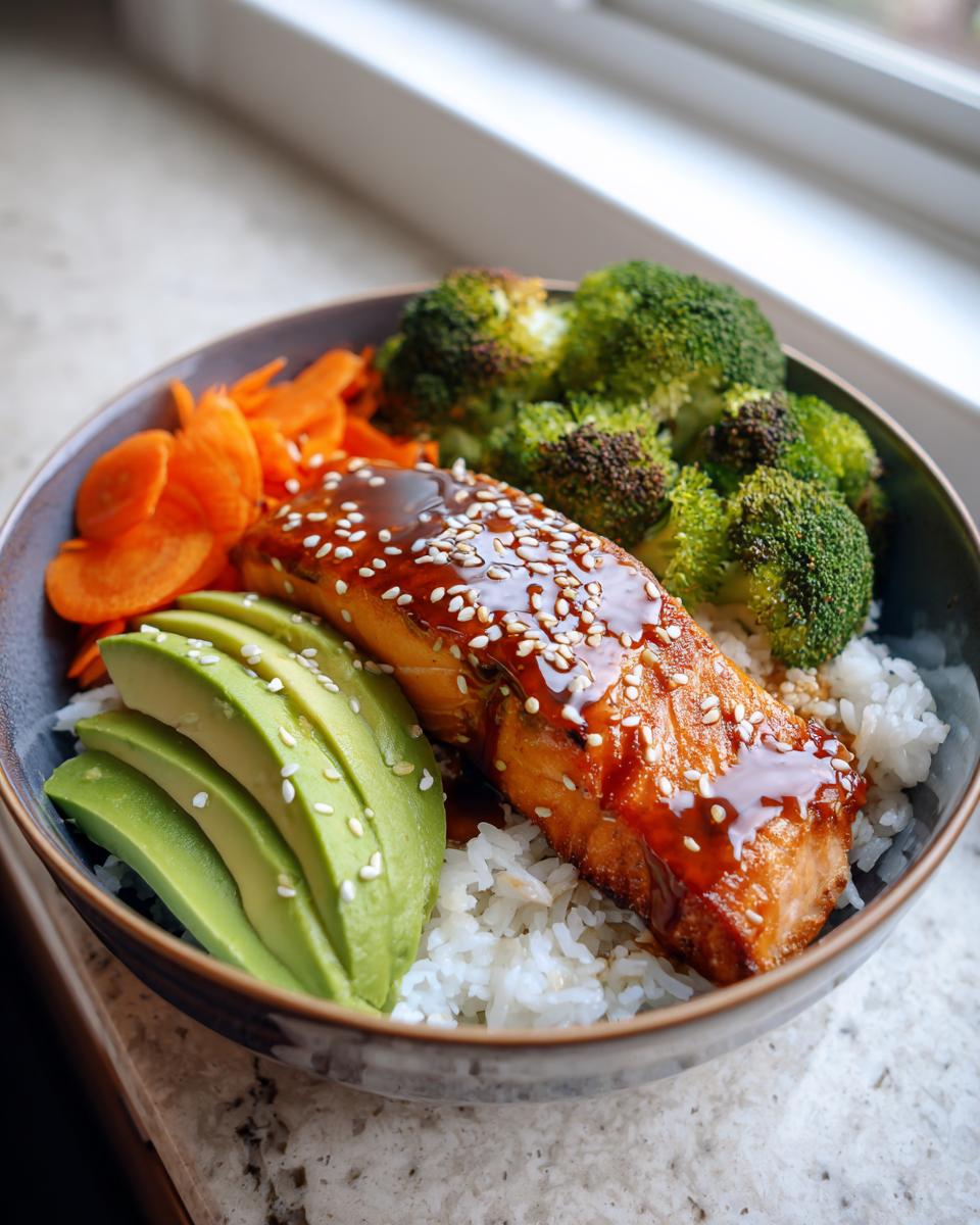 A close-up of a delicious salmon rice bowl featuring glazed salmon, sliced avocado, steamed broccoli, and carrots over white rice.