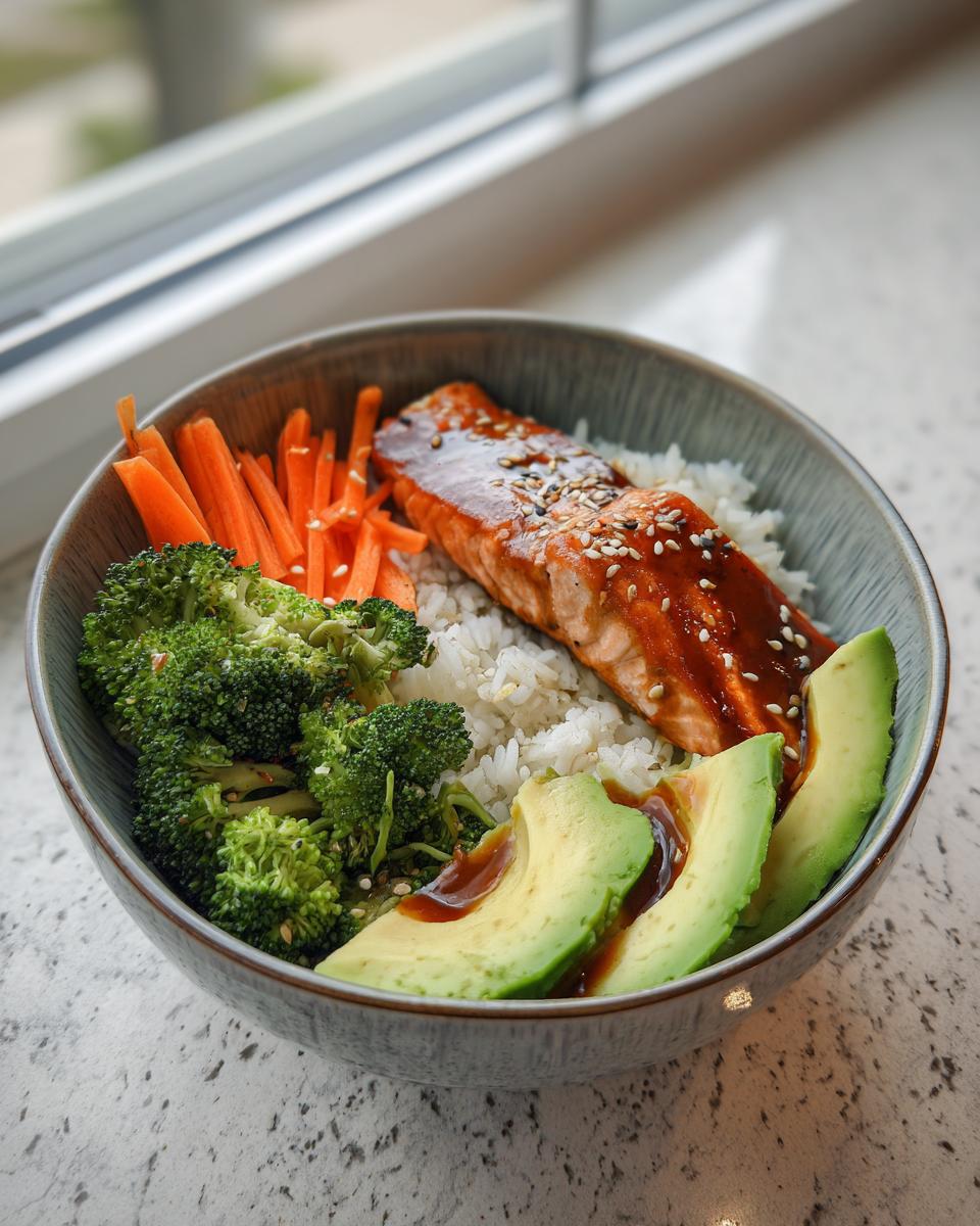A vibrant salmon rice bowl featuring glazed salmon, white rice, steamed broccoli, carrot sticks, and sliced avocado.