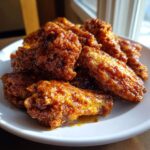 A close-up of a pile of glossy, saucy crispy baked chicken wings stacked on a white plate.