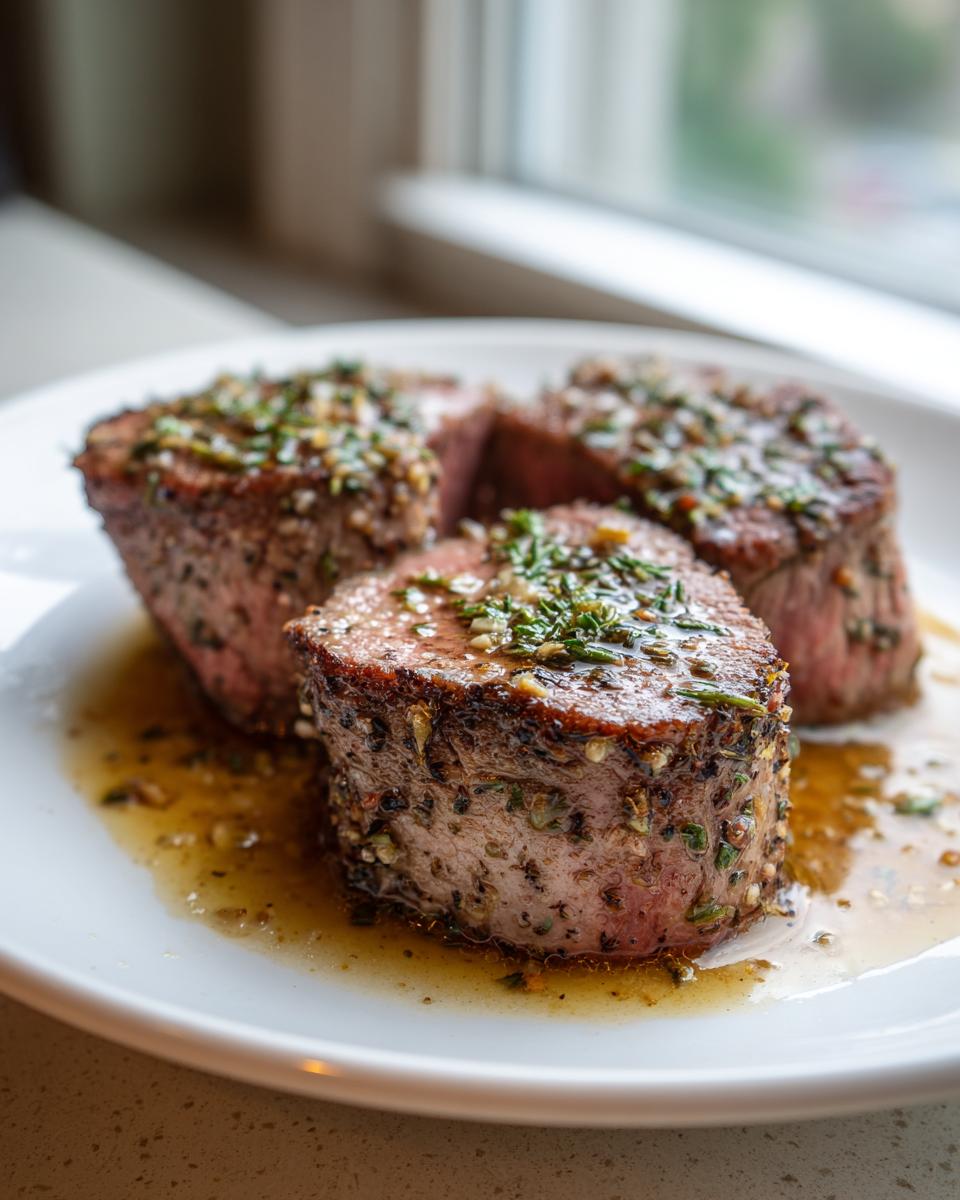 Three thick-cut, seared pork tenderloin recipe medallions resting in pan juices and topped with fresh herbs.