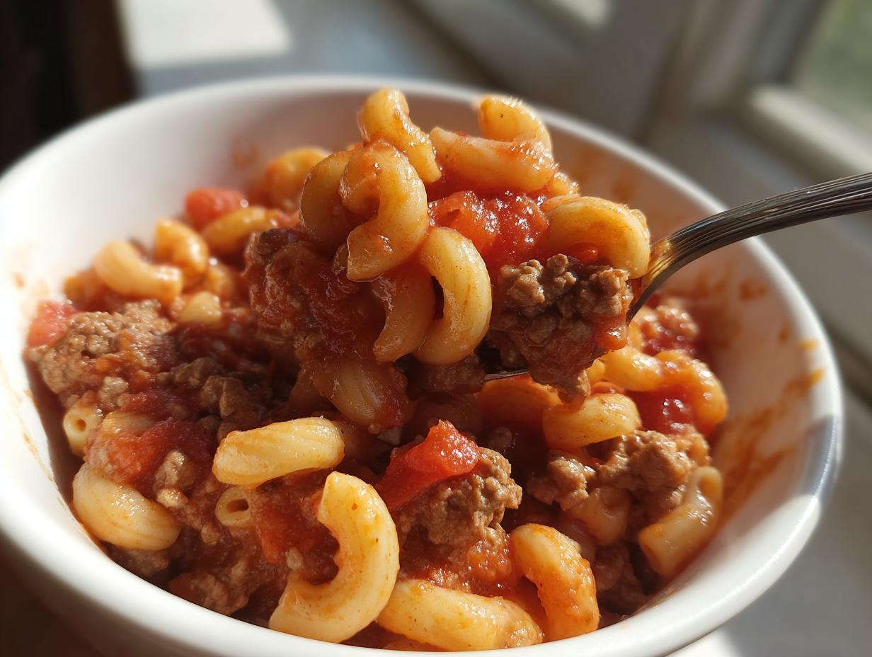 A spoonful of rich american chop suey featuring elbow macaroni, ground beef, and tomato sauce being lifted from a white bowl.