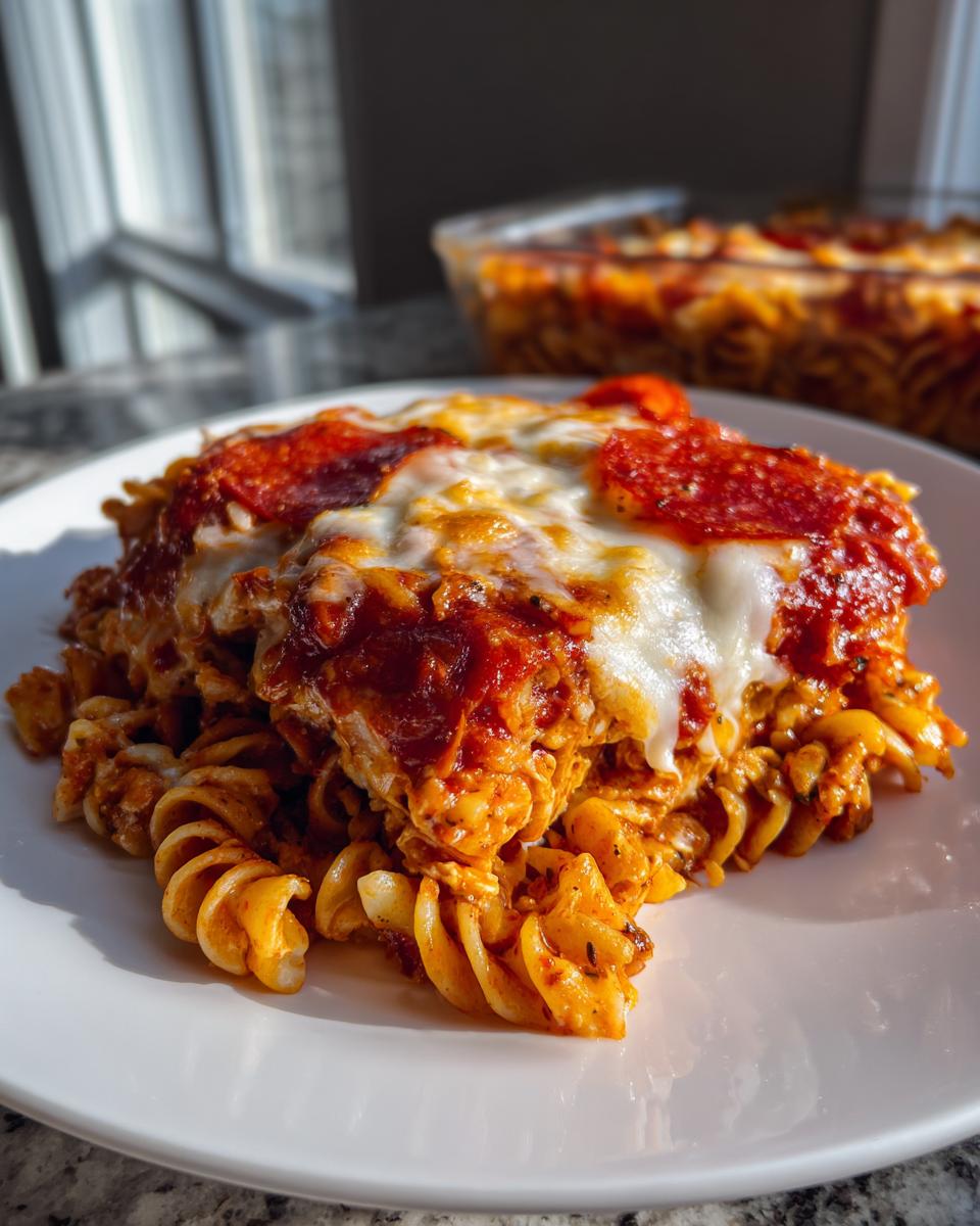 A close-up serving of pizza pasta bake featuring rotini pasta, rich tomato sauce, melted mozzarella, and pepperoni slices.