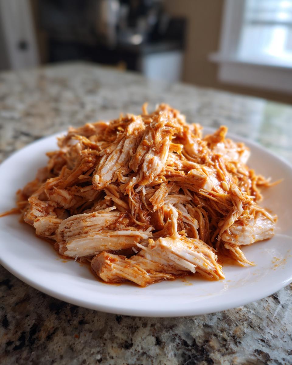 A mound of seasoned, shredded chicken ready for slow cooker chicken gyros, served on a white plate.