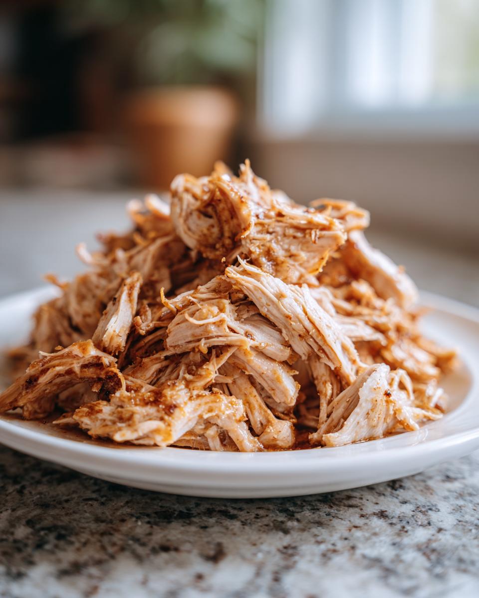 A mound of perfectly shredded, seasoned chicken ready for slow cooker chicken gyros, served on a white plate.