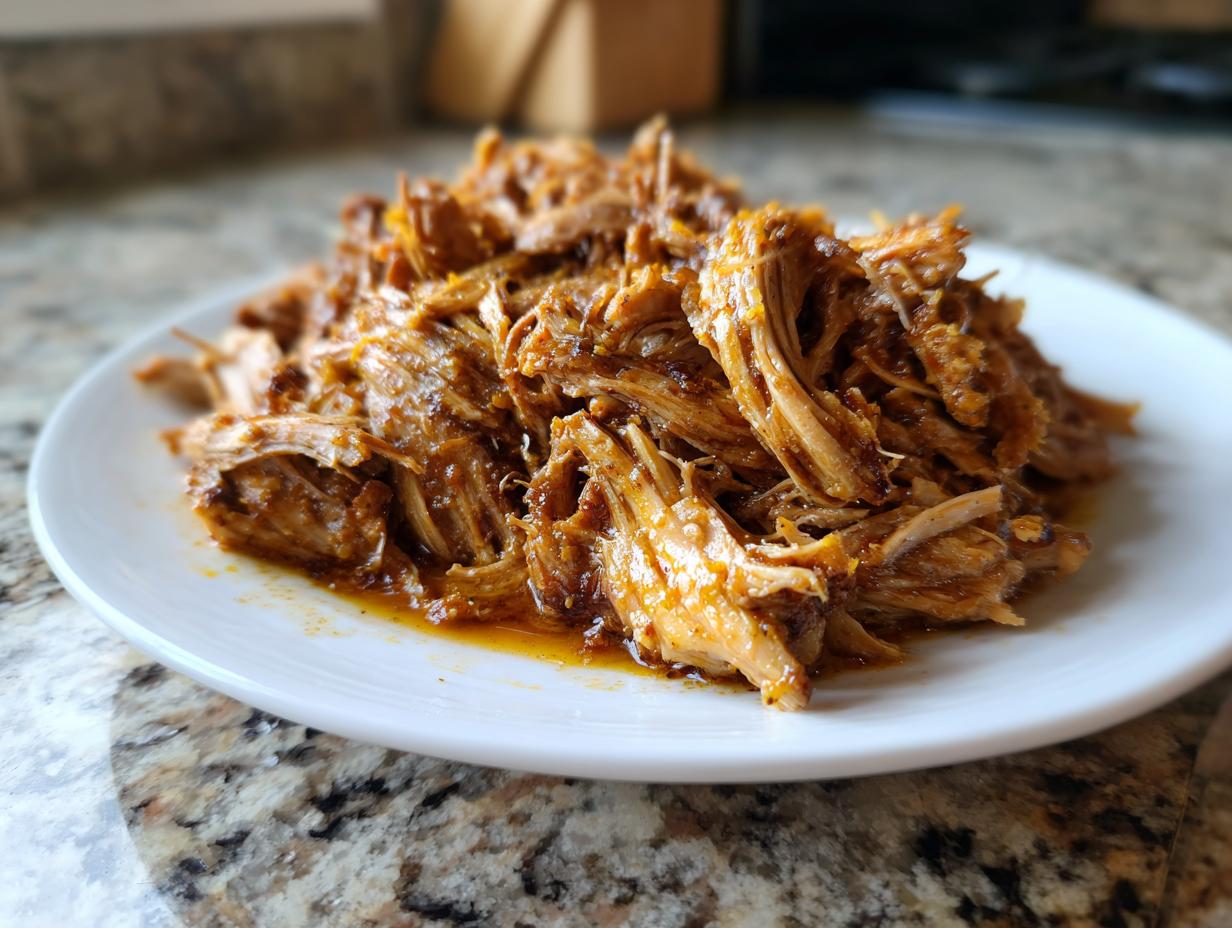 A pile of shredded, seasoned chicken meat, ready for slow cooker chicken gyros, served on a white plate.