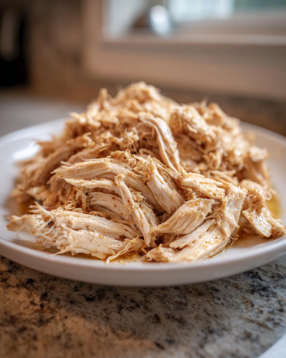 Close-up of shredded, seasoned chicken piled on a white plate, ready for slow cooker chicken gyros.