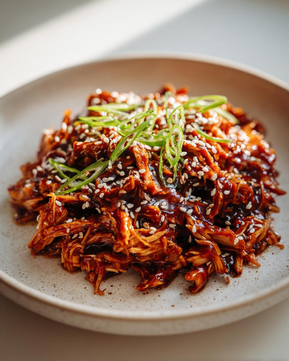 Close-up of shredded crockpot teriyaki chicken coated in rich sauce, topped with sesame seeds and green onions.