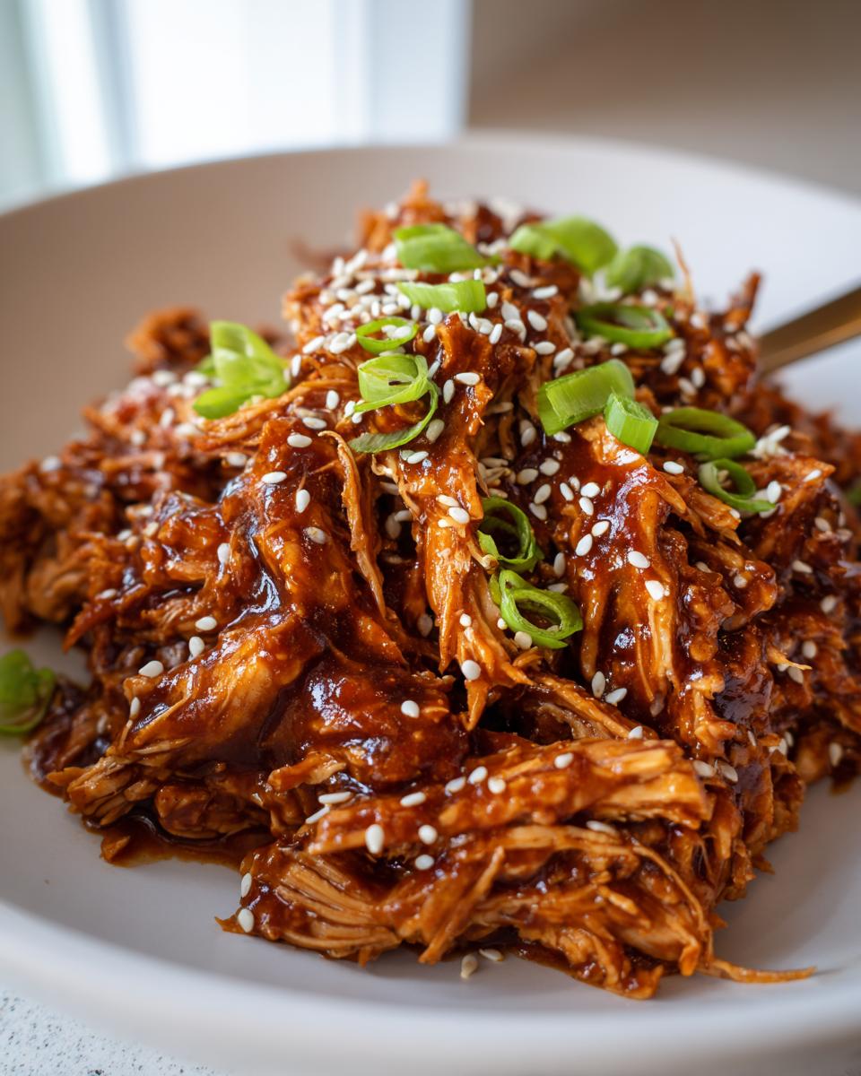 Close-up of shredded crockpot teriyaki chicken coated in glossy sauce, topped with green onions and sesame seeds.