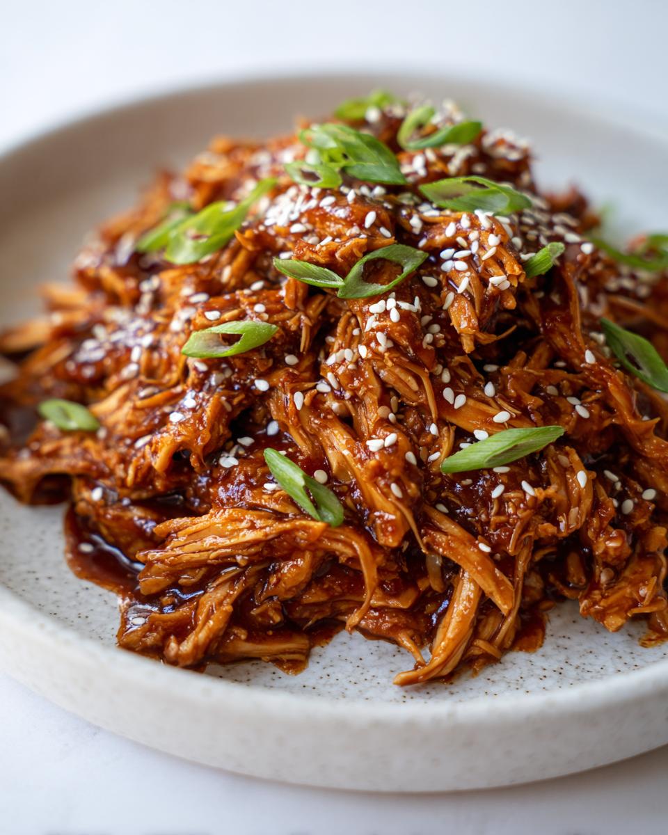Close-up of shredded crockpot teriyaki chicken coated in sauce, topped with sesame seeds and sliced green onions.