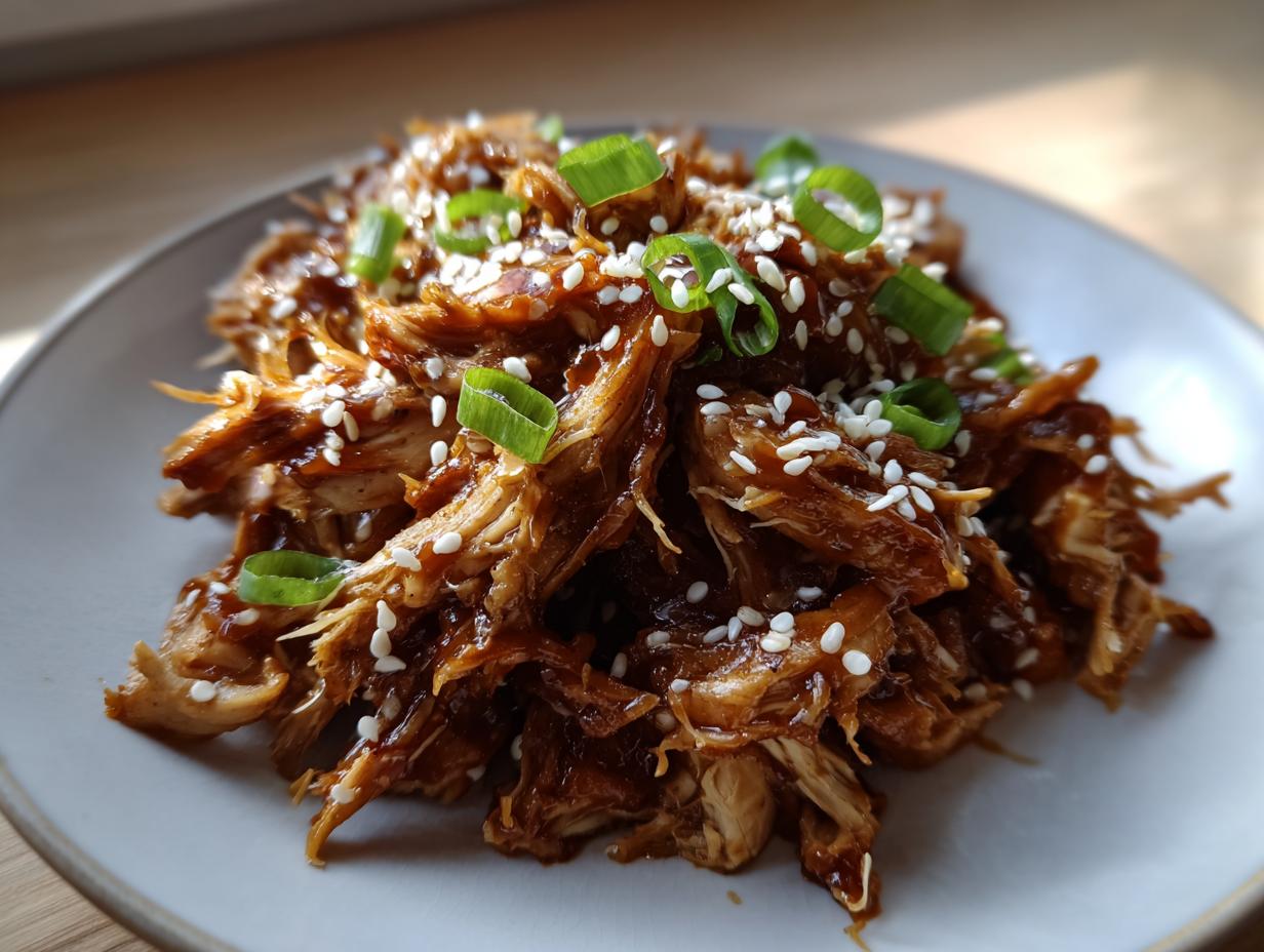 A close-up of shredded crockpot teriyaki chicken coated in sauce, topped with white sesame seeds and sliced green onions.