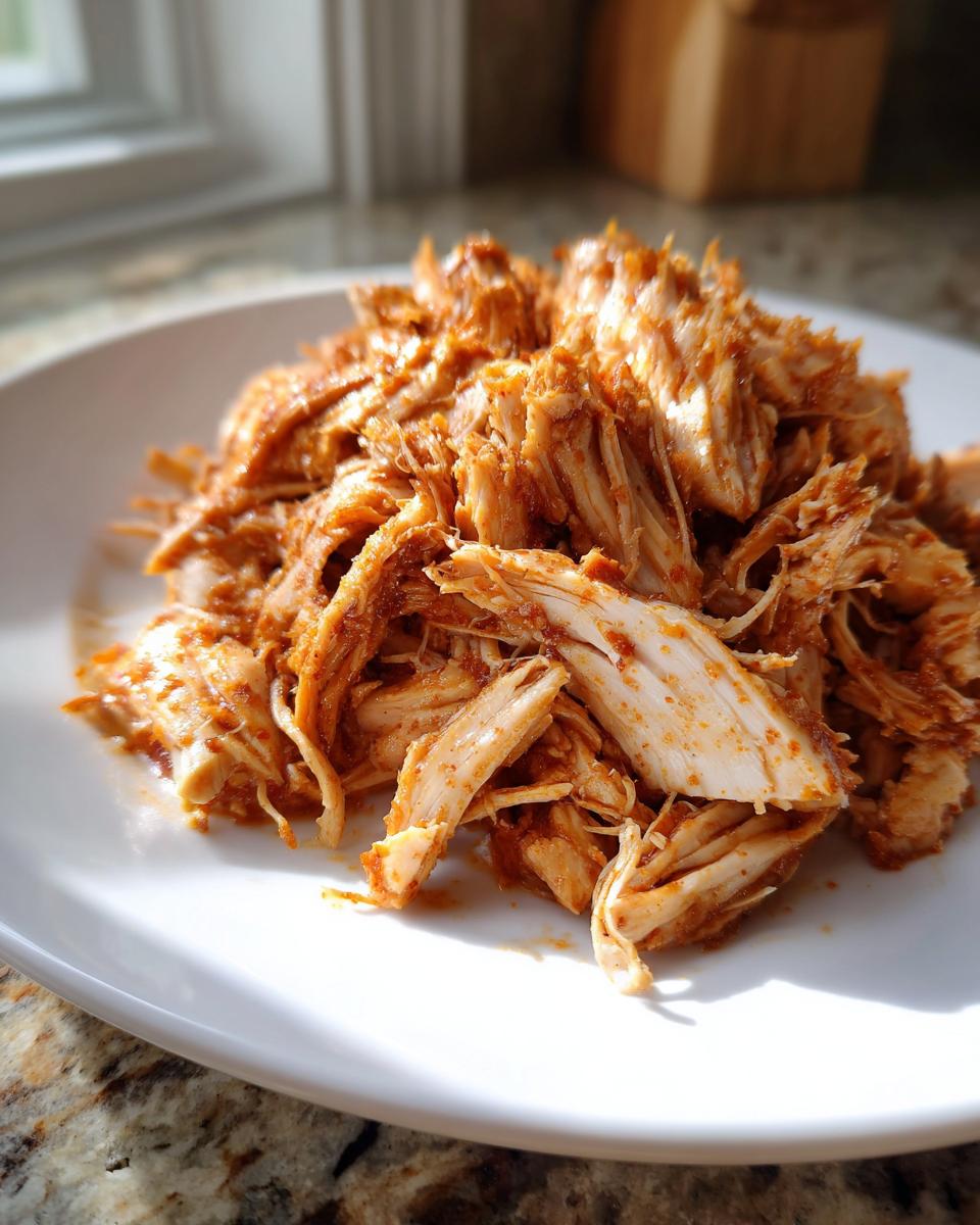 A mound of shredded, seasoned chicken, ready for slow cooker chicken gyros, sits on a white plate.