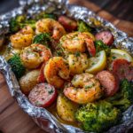 A close-up view of cooked shrimp and sausage foil packs filled with shrimp, sliced sausage, broccoli, and potatoes.