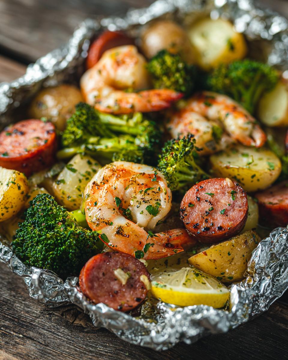 Close-up of cooked shrimp and sausage foil packs with potatoes and broccoli.