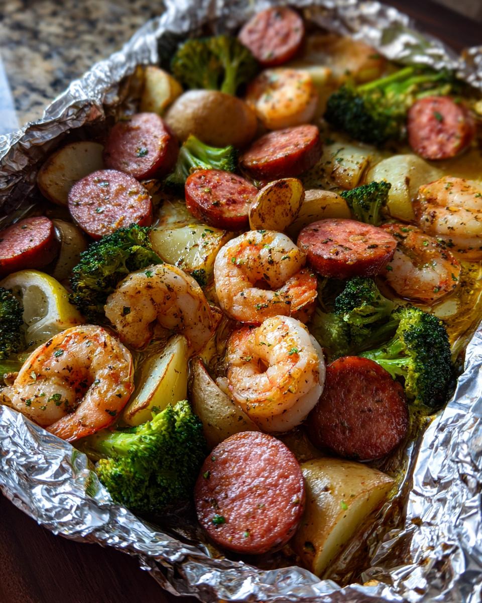 Close-up of cooked shrimp and sausage foil packs with potatoes and broccoli, seasoned and glistening.