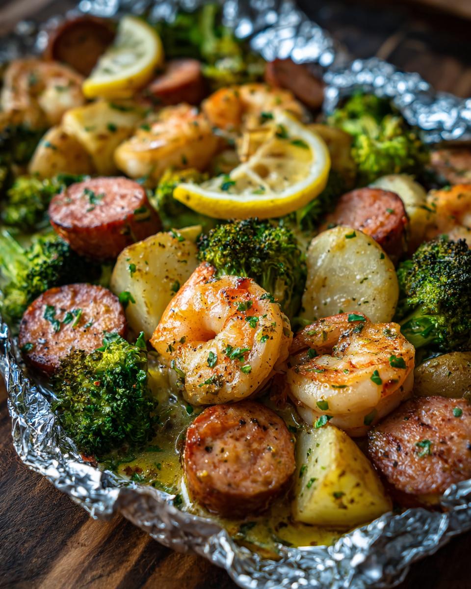 Close-up of cooked shrimp and sausage foil packs ingredients including potatoes, broccoli, and lemon slices in butter sauce.