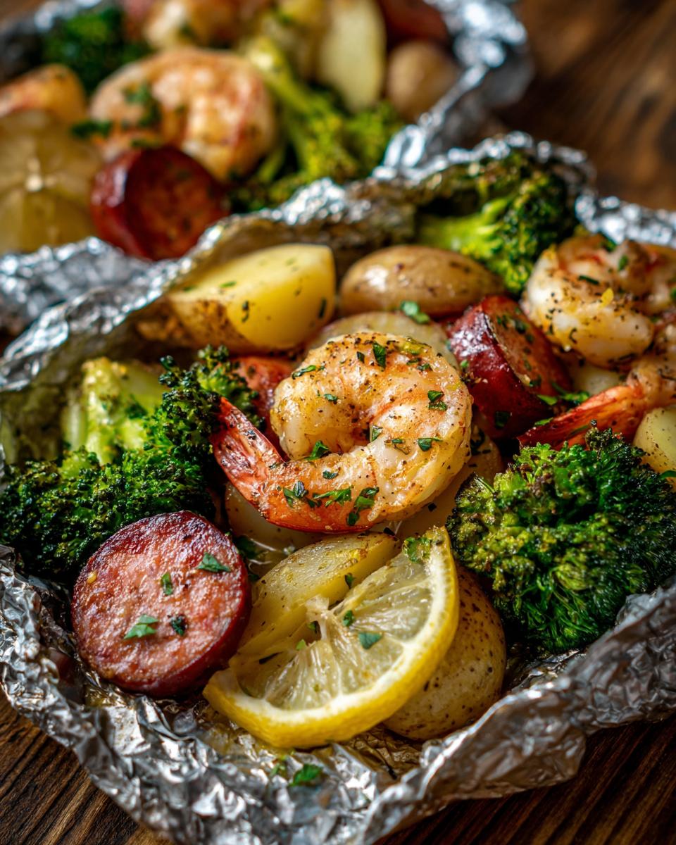 Close-up of perfectly cooked shrimp and sausage foil packs featuring shrimp, smoked sausage, potatoes, and broccoli.