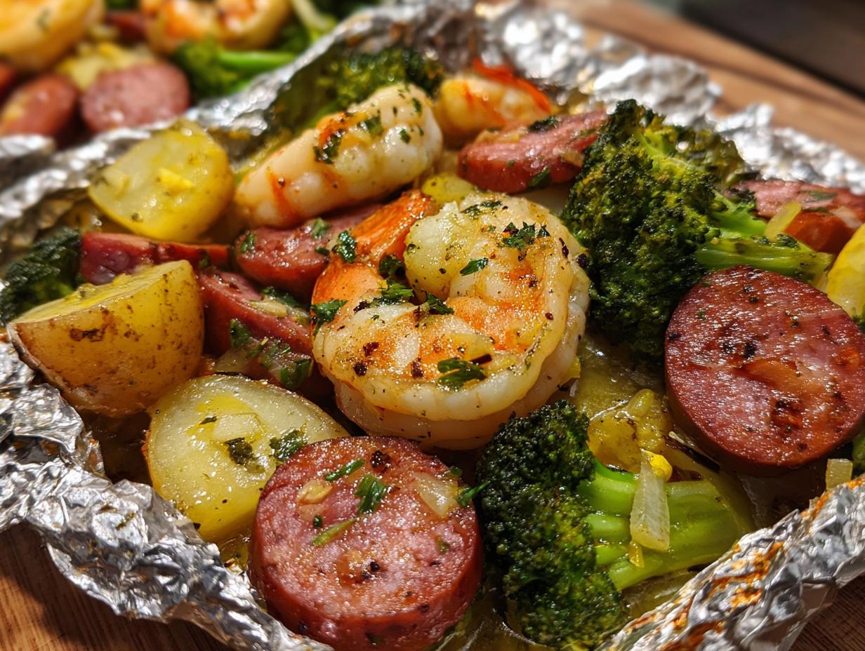 Close-up of cooked shrimp and sausage foil packs showing shrimp, smoked sausage slices, potatoes, and broccoli in butter sauce.