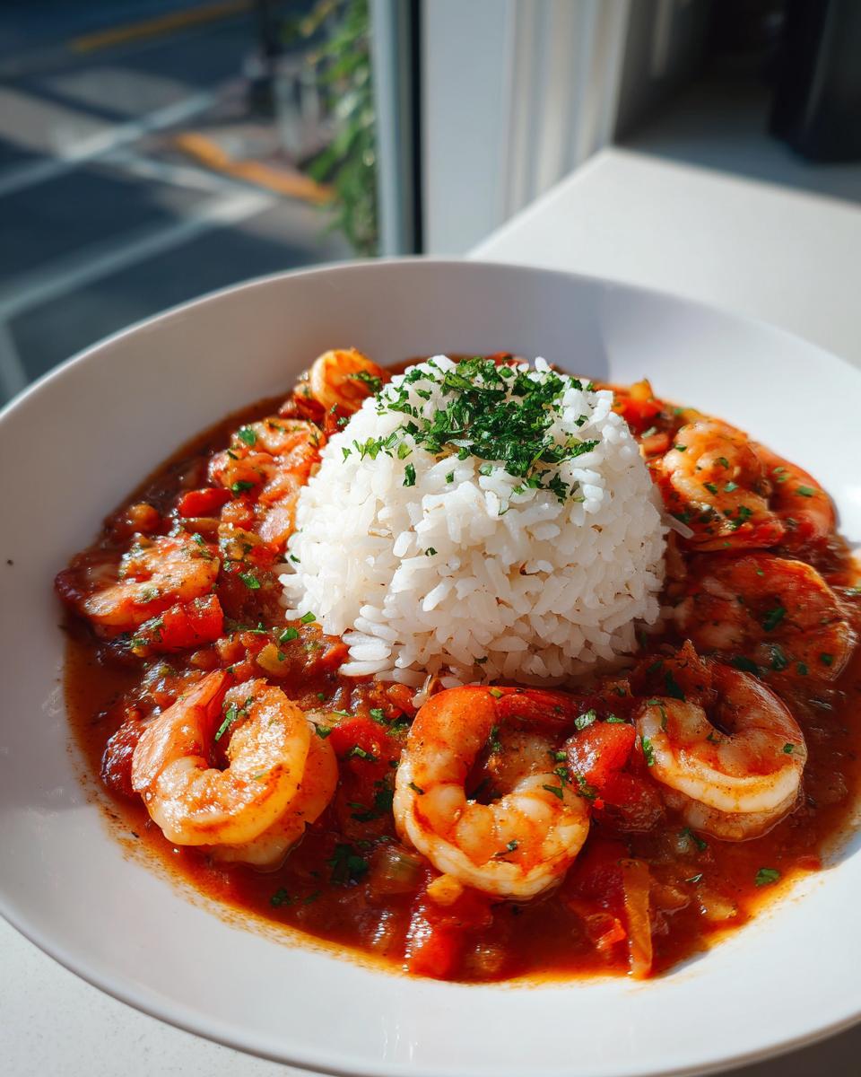 A white bowl filled with vibrant Shrimp Creole sauce, plump shrimp, and a mound of white rice topped with parsley.