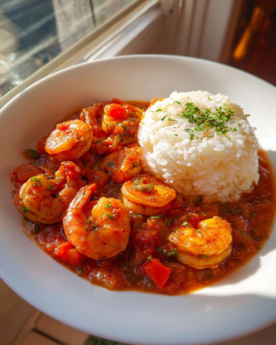A close-up of flavorful shrimp creole served in a white bowl next to a scoop of white rice garnished with parsley.