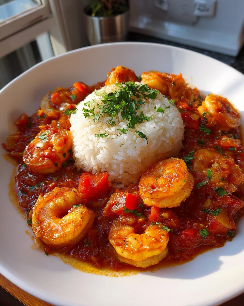 A bowl of rich Shrimp Creole served with a mound of white rice topped with fresh parsley.