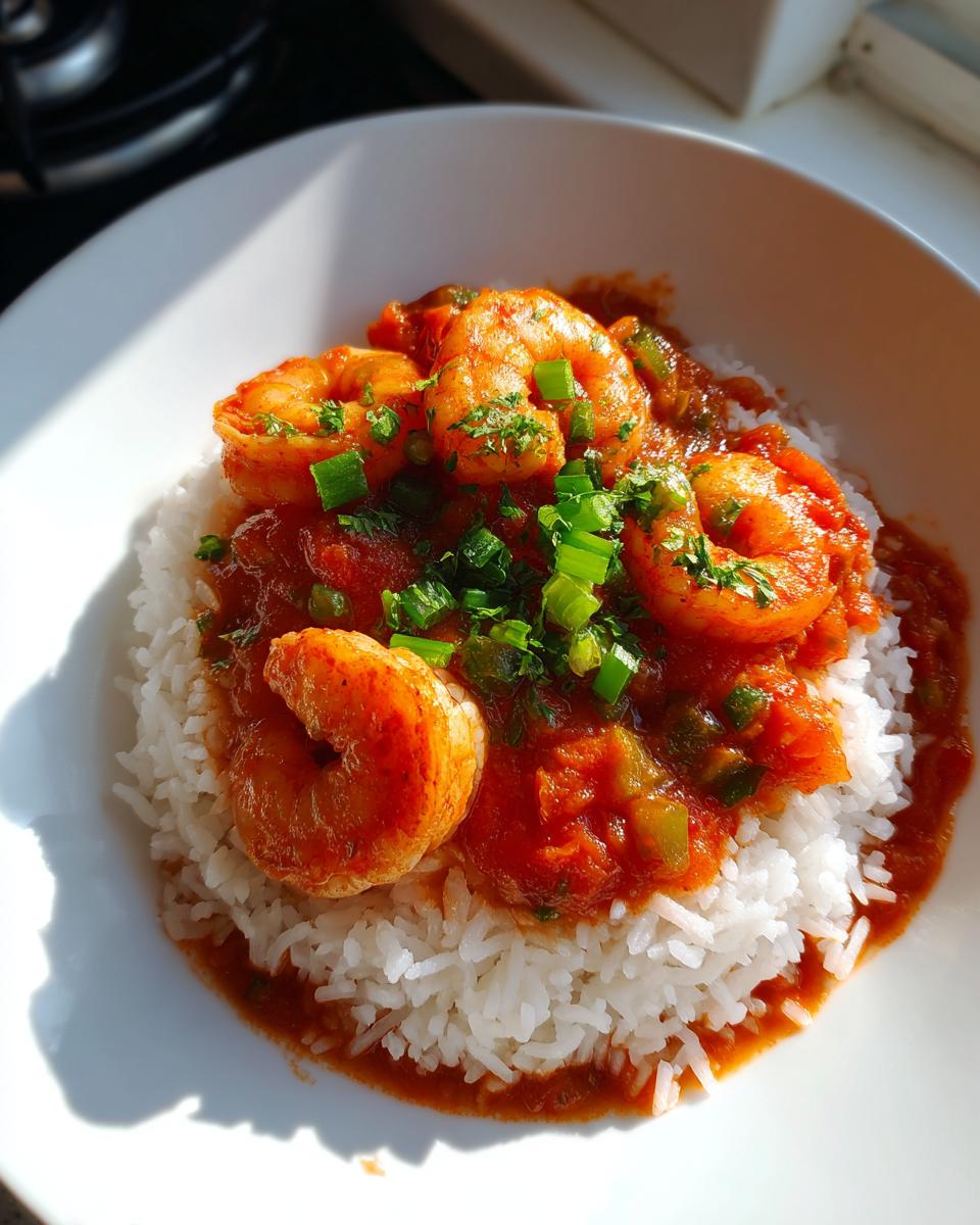 A close-up of a bowl of shrimp creole served over fluffy white rice, topped with green onions.