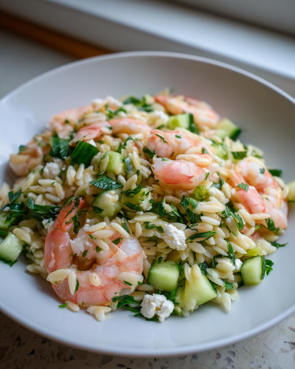 A close-up view of a bright shrimp orzo salad featuring plump pink shrimp, diced cucumber, feta cheese, and fresh herbs in a white bowl.