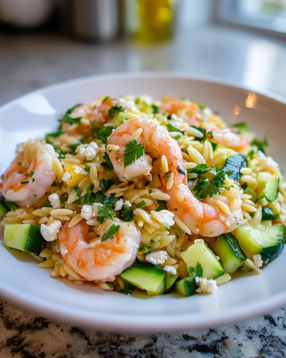 Close-up of a vibrant shrimp orzo salad featuring plump shrimp, chopped cucumber, feta cheese, and fresh parsley.