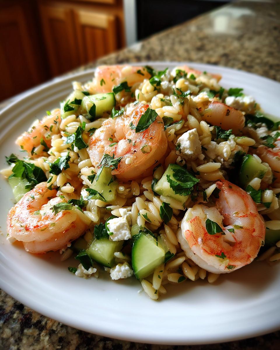 A close-up of a serving of bright shrimp orzo salad, featuring plump shrimp, diced cucumber, feta cheese, and parsley.