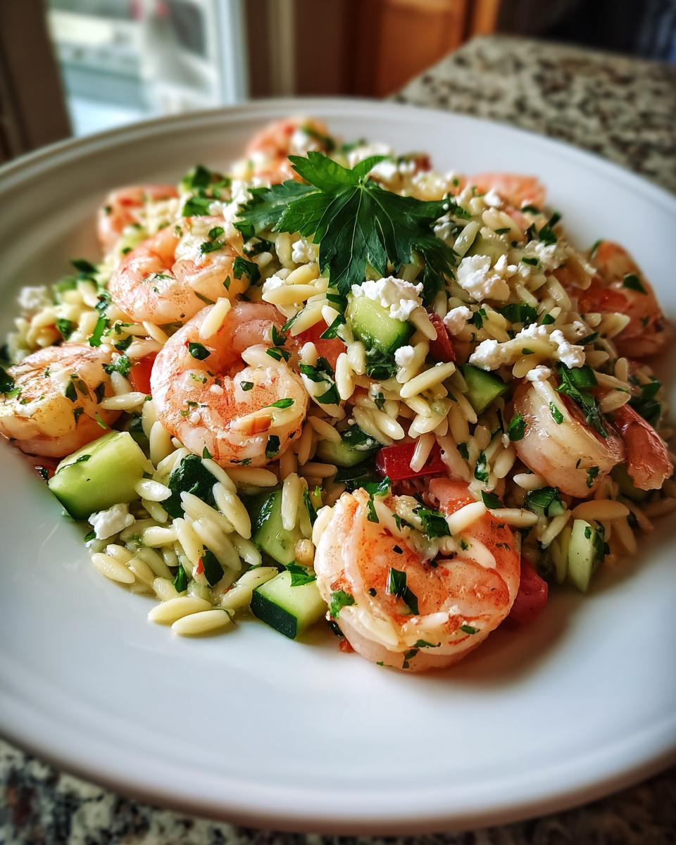 A close-up of a serving of vibrant shrimp orzo salad mixed with cucumber, tomatoes, feta cheese, and parsley.