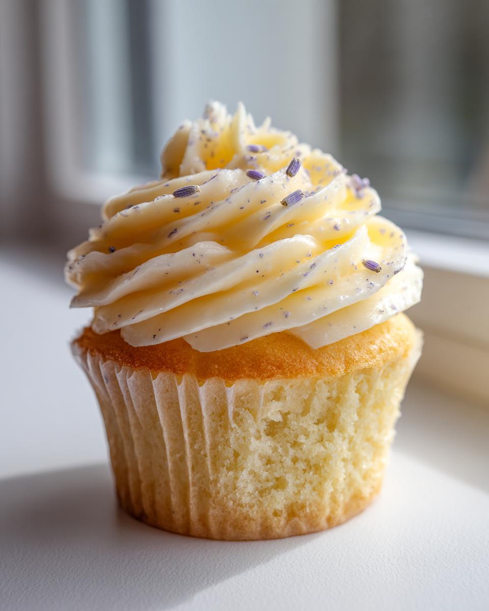 A single, beautifully frosted lavender honey cupcake sitting on a white surface near a window.