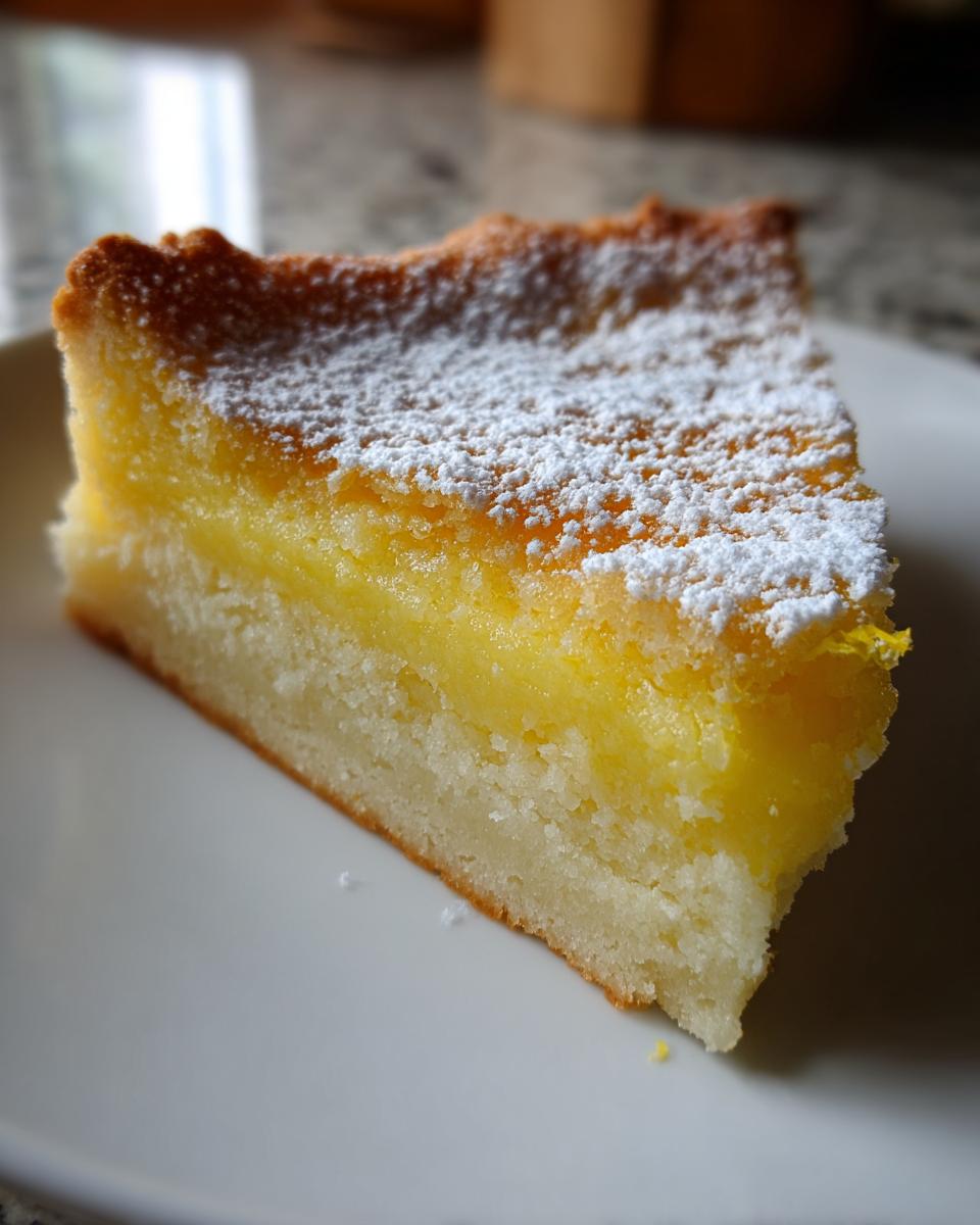 A close-up of a single slice of baby lemon impossible pies showing the bright yellow filling and shortbread base, dusted with powdered sugar.